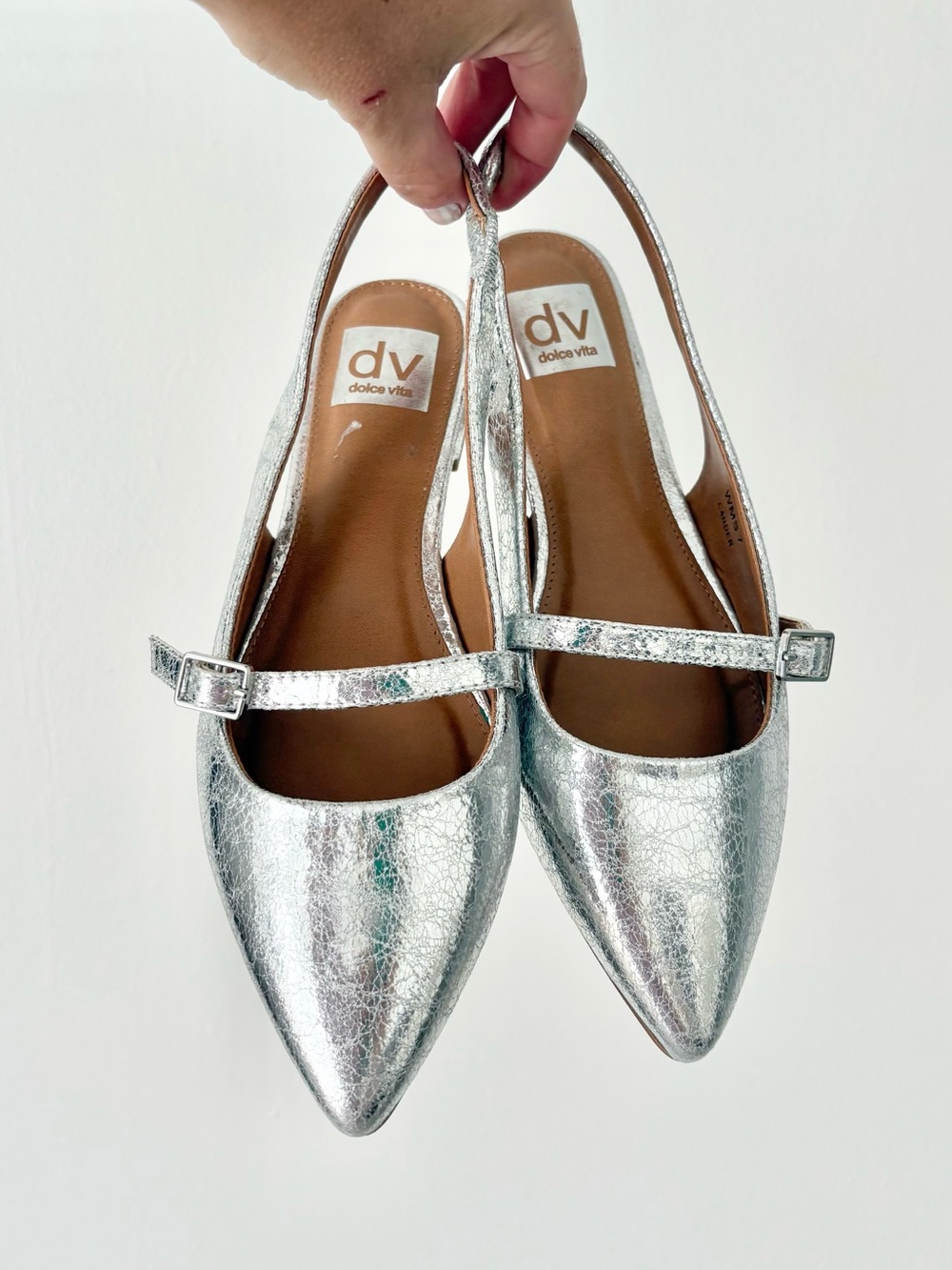 Dolce Vita Silver Metallic Crackled Carder Pointed Mary Jane Slingback Flats 7
